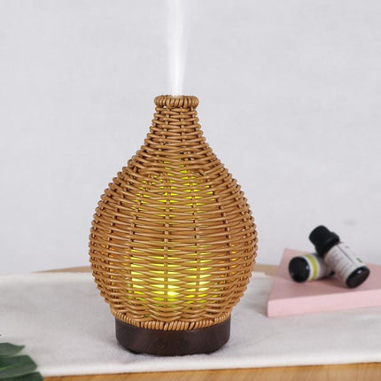 100ML Hollow Rattan Ultrasonic Humidifier & Aromatherapy Diffuser with 7-Color LED Lights, 5V USB, 24V EU Plug - DealBuddy