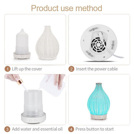 100ML Hollow Rattan Ultrasonic Humidifier & Aromatherapy Diffuser with 7-Color LED Lights, 5V USB, 24V EU Plug - DealBuddy