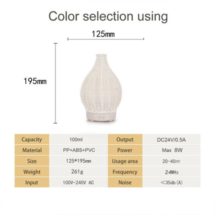 100ML Hollow Rattan Ultrasonic Humidifier & Aromatherapy Diffuser with 7-Color LED Lights, 5V USB, 24V EU Plug - DealBuddy