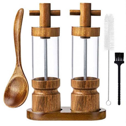 7 inch Manual Black Pepper Wood Grinder Transparent Acrylic Pepper Seasoning Bottle, Single With Box, Double+Base+Spoon+Steel Brush+Black Brush - DealBuddy