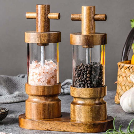 7 inch Manual Black Pepper Wood Grinder Transparent Acrylic Pepper Seasoning Bottle, Single With Box, Double+Base+Spoon+Steel Brush+Black Brush - DealBuddy