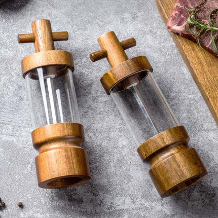 7 inch Manual Black Pepper Wood Grinder Transparent Acrylic Pepper Seasoning Bottle, Single With Box, Double+Base+Spoon+Steel Brush+Black Brush - DealBuddy