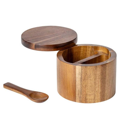Wooden Salt Jar Storage Box Seasoning Jar With Lid And Spoon