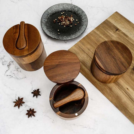 Wooden Salt Jar Storage Box Seasoning Jar With Lid And Spoon