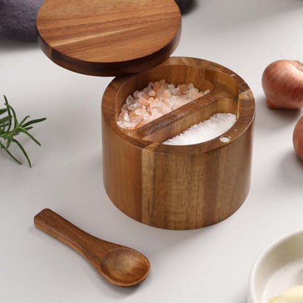 Wooden Salt Jar Storage Box Seasoning Jar With Lid And Spoon