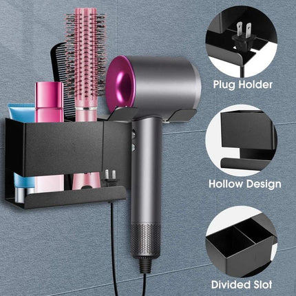 Universal Hair Dryer Holder Wall Mount with Cord Organizer Storage for Hair Styling Tools, Drill Black, Drill White