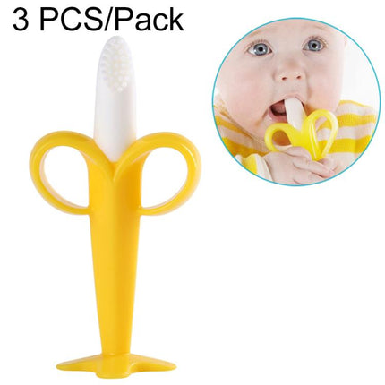 3 PCS Baby Silicone Training Toothbrush Banana Shape Safe Toddle Teether Chew Toys Teething Ring Gift for Infant Baby Chewing, Yellow-B