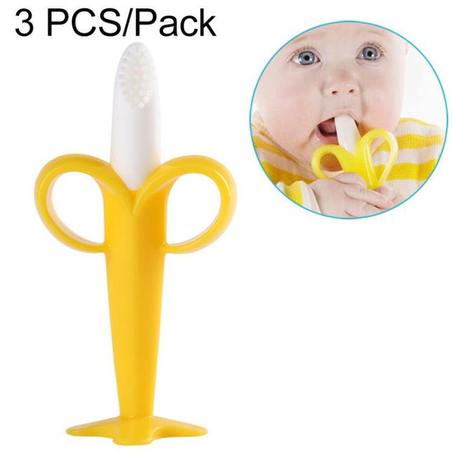 3 PCS Baby Silicone Training Toothbrush Banana Shape Safe Toddle Teether Chew Toys Teething Ring Gift for Infant Baby Chewing, Yellow-B