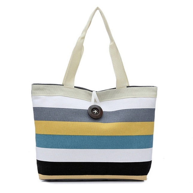 Color Canvas Stripe Contrast Color Shoulder Bag Large Capacity Handbag Green Shopping Bag