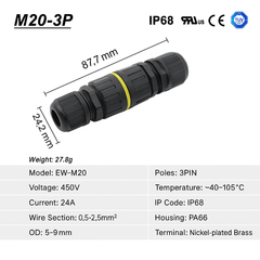 EW - M20 - 3P Waterproof 3 - Pin In Line Cable Connector – IP68, 5 - 9mm Cable Compatibility - DealBuddy