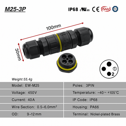 EW - M25 - 3P Waterproof 3 - Pin In Line Cable Connector – IP68, 9 - 12mm Cable Compatibility - DealBuddy
