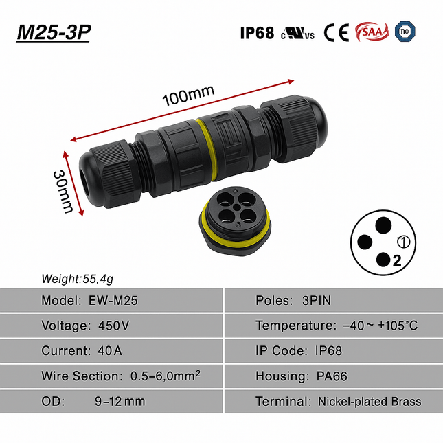 EW - M25 - 3P Waterproof 3 - Pin In Line Cable Connector – IP68, 9 - 12mm Cable Compatibility - DealBuddy