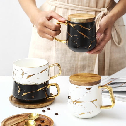 Marble Matte Gold Series Ceramic Tea Cup Coffee Mug With Wooden Lid Or Tray - DealBuddy
