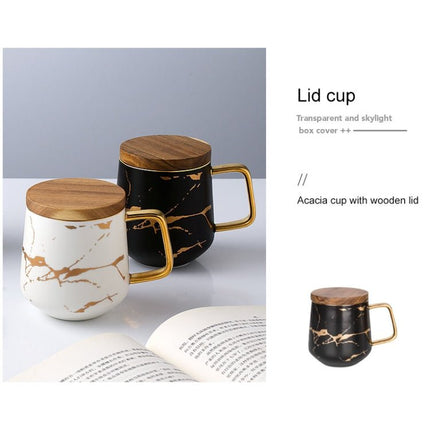 Marble Matte Gold Series Ceramic Tea Cup Coffee Mug With Wooden Lid Or Tray - DealBuddy