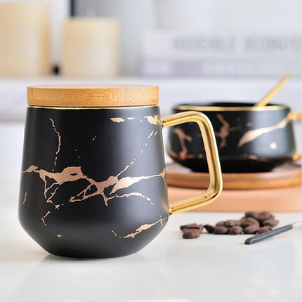 Marble Matte Gold Series Ceramic Tea Cup Coffee Mug With Wooden Lid Or Tray - DealBuddy