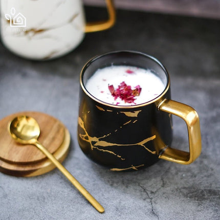 Marble Matte Gold Series Ceramic Tea Cup Coffee Mug With Wooden Lid Or Tray - DealBuddy