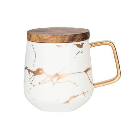 Marble Matte Gold Series Ceramic Tea Cup Coffee Mug With Wooden Lid Or Tray - DealBuddy
