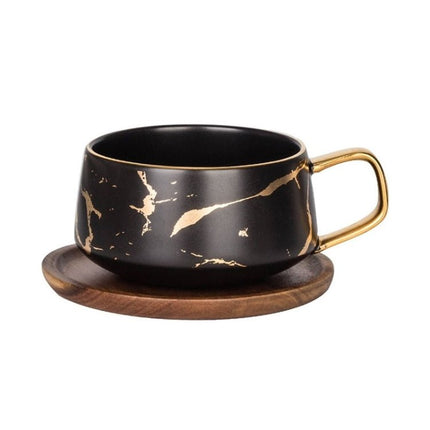 Marble Matte Gold Series Ceramic Tea Cup Coffee Mug With Wooden Lid Or Tray - DealBuddy