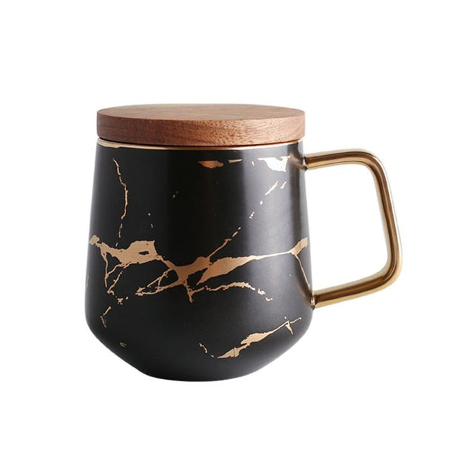 Marble Matte Gold Series Ceramic Tea Cup Coffee Mug With Wooden Lid Or Tray - DealBuddy
