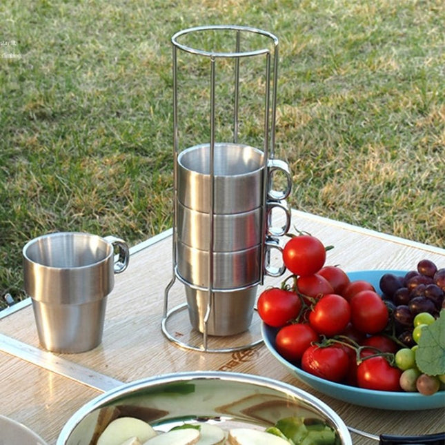 Outdoor Portable Picnic Cups Four Piece Suit Stainless Steel Drinking Mugs Anti - Hot Tea Coffee Cup - DealBuddy