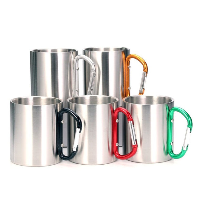Stainless Steel Double Walled Water Mugs Coffee Cup with Carabiner Handle, Random Color Delivery - DealBuddy
